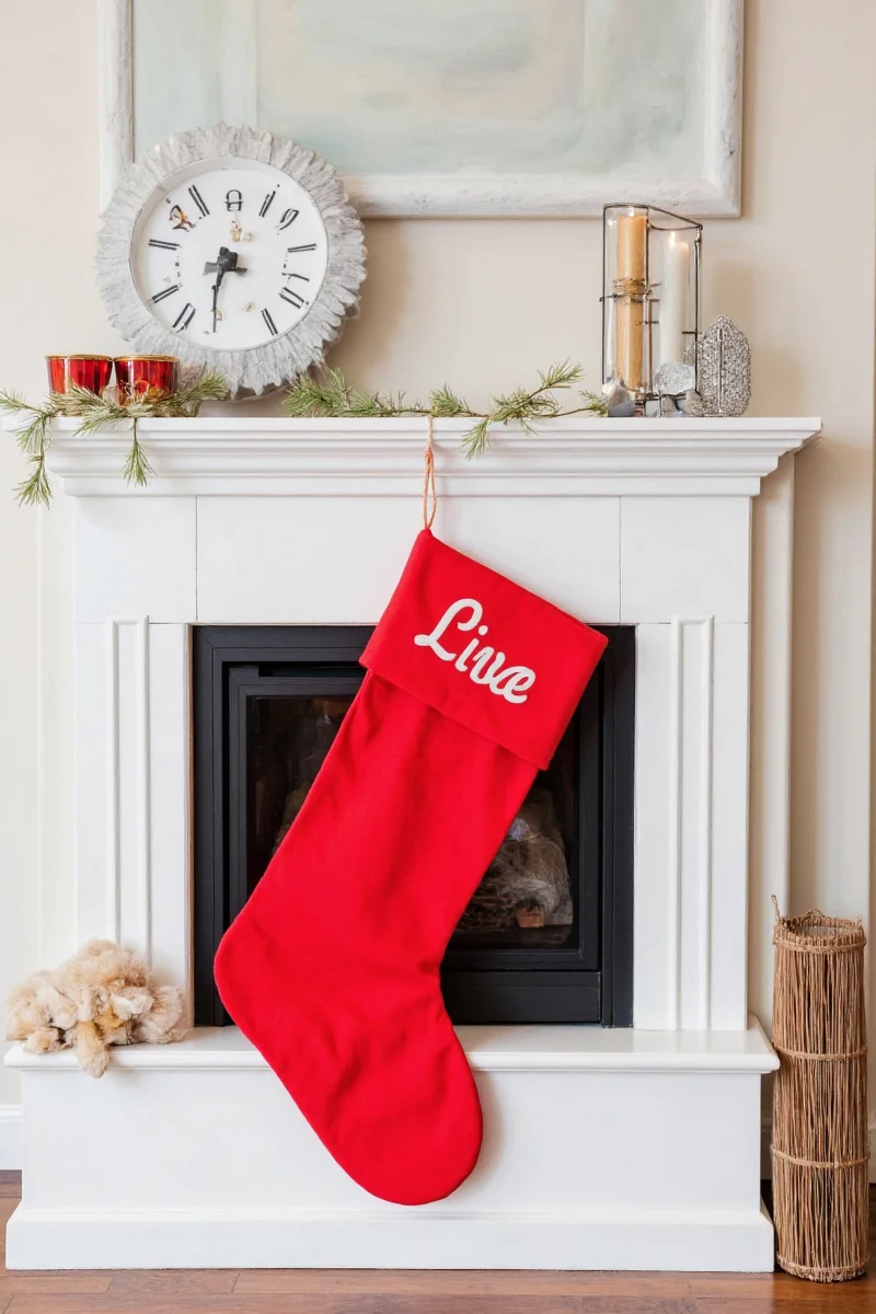Close-up of a personalized dog Christmas stocking with 'Bailey' stitched in silver thread and a paw print logo below