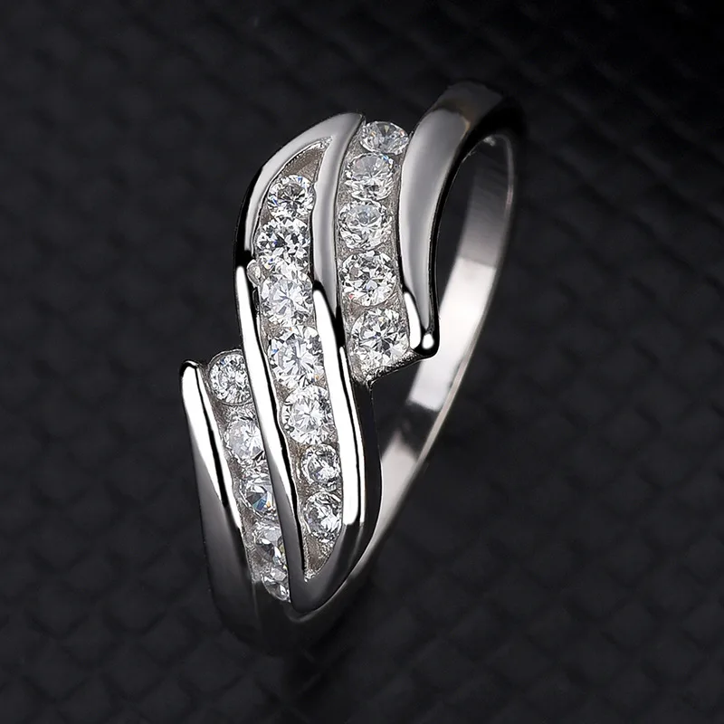 

100% 925 sterling silver tension setting diamond wave women wedding ring, White gold