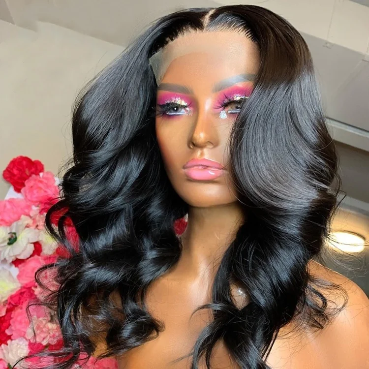 

180% Density Wave Style Natural Black Human Hair Wigs Lace Frontal Wig Pre Plucked 4x4 Lace Closure Wigs Bleached Knots, 1 1b 2 4