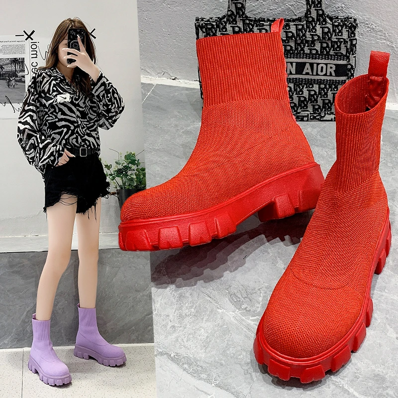 

2021 Autumn Winter New Socks Shoes Women Thick-soled Casual Large Size Net Red Knitted Short Boots Women botas de mujer