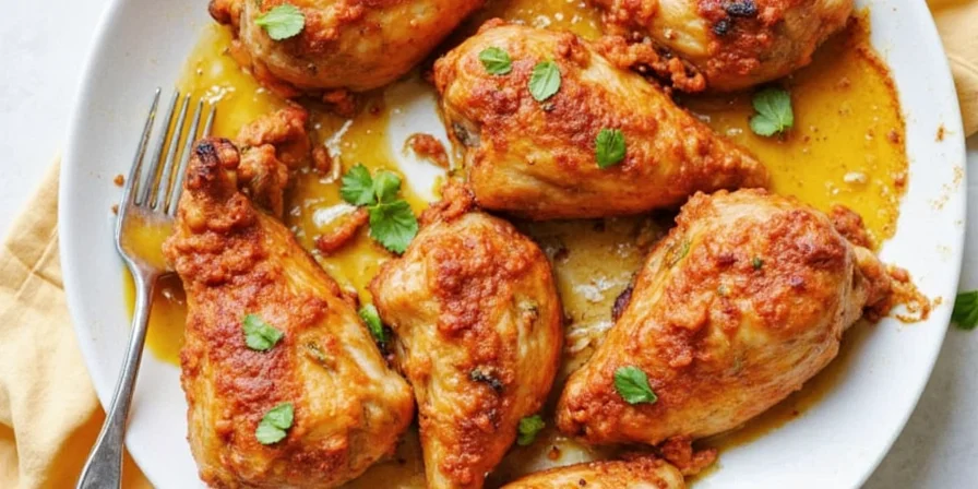 Platter of beautifully baked spicy chicken served with sides