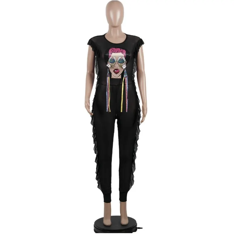 

2020 Customized Products New Style Fashion Sexy Women Mesh Jumpsuit Summer Solid Short Sleeve Black Romper, As picture