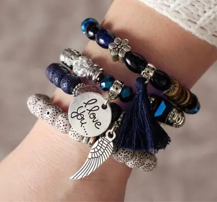 

Heating 4pcs /set Bohemian Wing Tassel Bracelet Set for Women Adjustable Flower Colorful Stone Beaded Bracelets Bangle