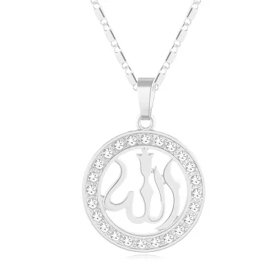 

2021 New Round Muslim Character Pendant Necklace Full Rhinestone Crystal Islamic Totem Allah Necklace