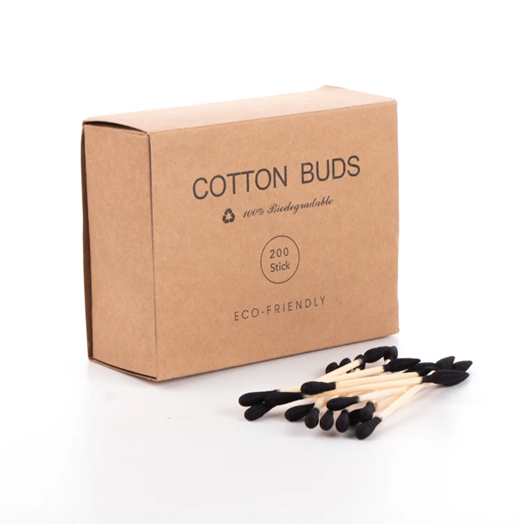 

200 Pcs/Box Black Eco friendly Organic Wooden Bamboo Stick Makeup Cotton Swabs, White, black, pink, yellow, blue, green