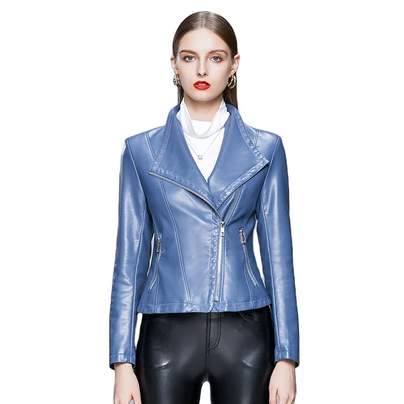 

Wholesale New Custom Locomotive Fashion Black Long Sleeve Lapel Collar Zipper Fall 2022 Women Leather Jackets