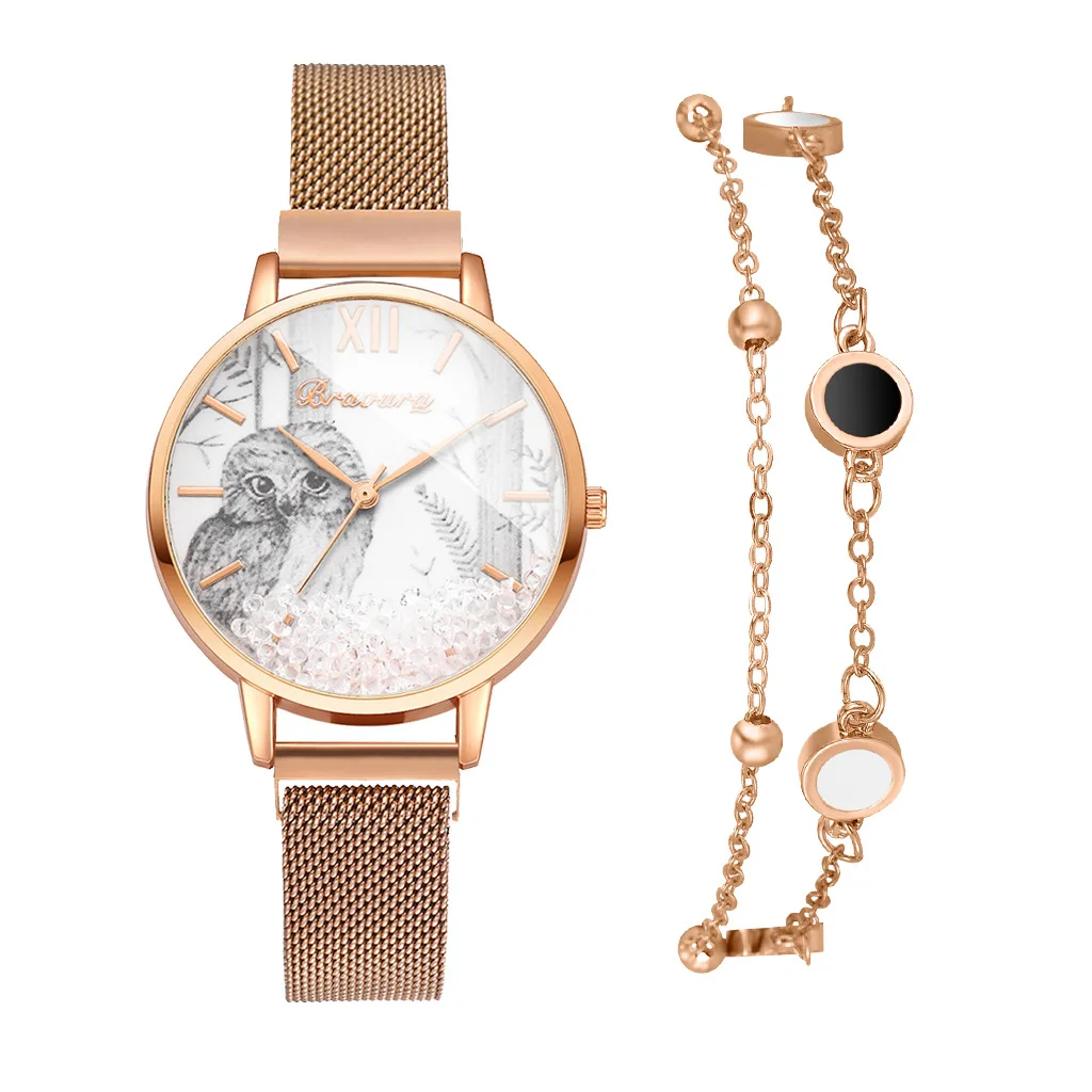 

2020 new popular alloy mesh owl pattern dial with ball quartz ladies watch