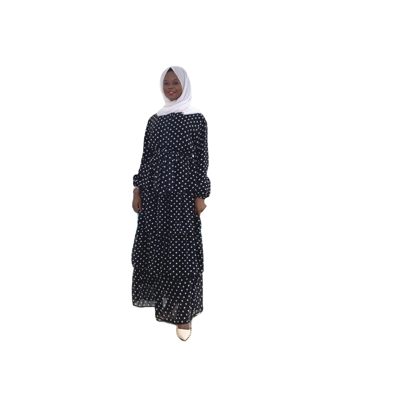 

Abaya Maxi Dress Turkish Long Sleeve Crew Neck Polka Dot India Wholesale Women Moroccan Kaftan Islamic Adult Clothing for Women, Black