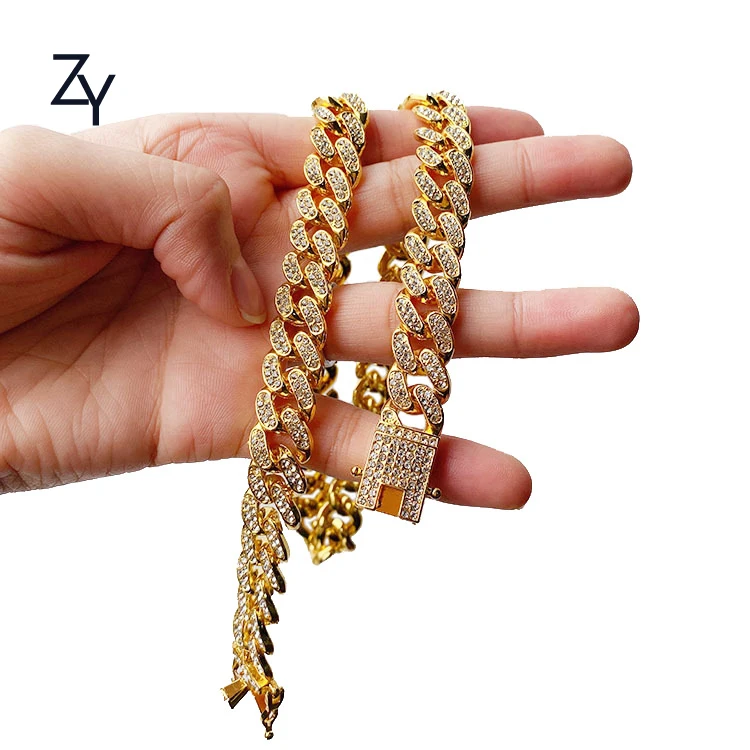 

ZHUANGYEE 18 20 inches 13 MM 925 silver iced out rhinestone CZ link chain zinc alloy cuban necklaces for women men, Gold, silver