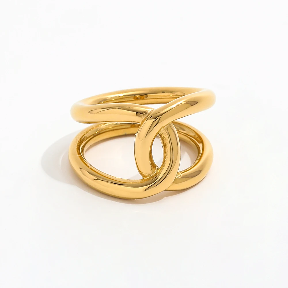 18K Gold Plated Double-Layer Knot Lines Stainless Steel Ring High End Trendy PVD Jewelry for Unisex Parties Eternity Rings