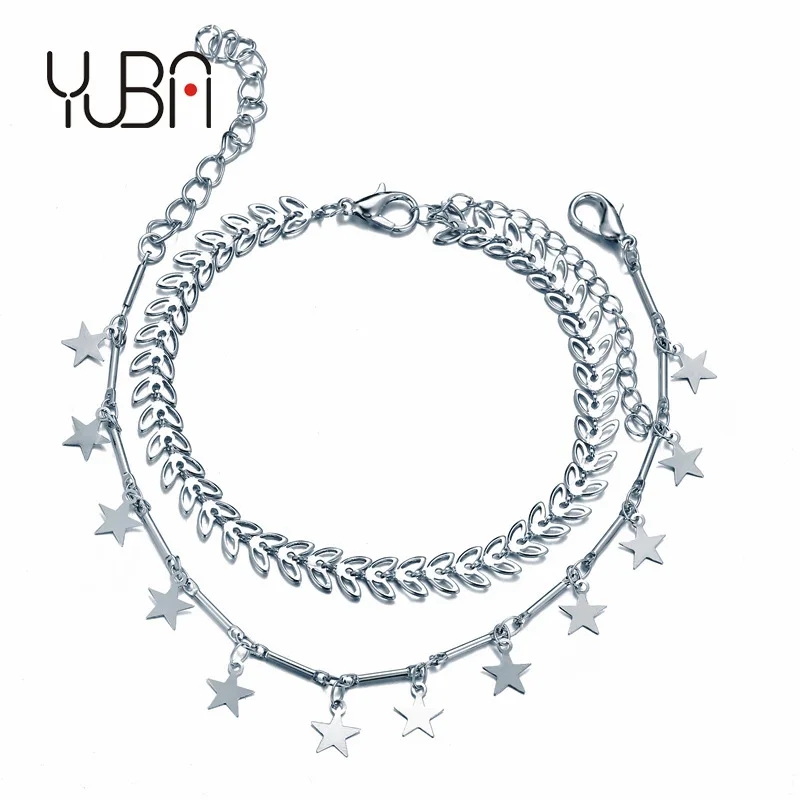 

2 PCS/SET Silver Color Carved Out Leaves Linked Anklets Double Layer Shaped Star Sequin Charms Foot Chain Ankle For Barefoot