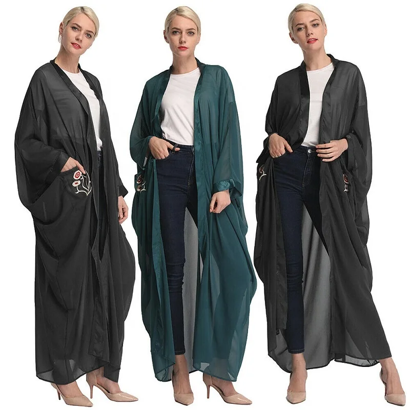 

Loriya fashion muslim women embroidery cardigan kaftan bat sleeve abaya Dubai maxi dress, Black,dark green