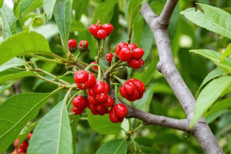 Close-up view of Brazilian pepper tree showing compound leaves, red berry clusters, and gray bark for accurate identification
