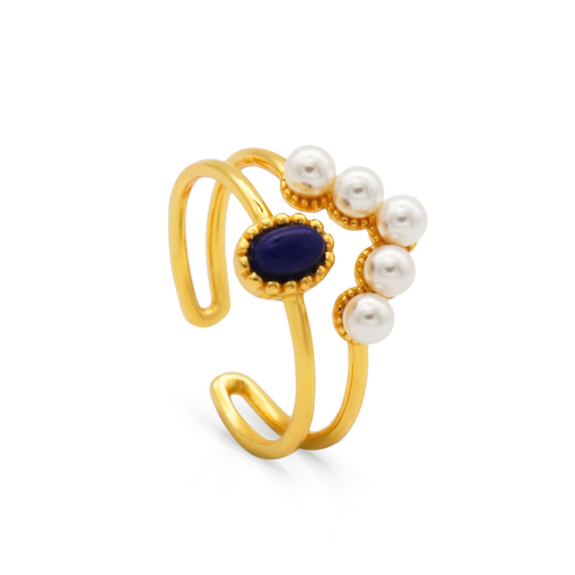 

Chris April fine jewelry 925 sterling silver 18k gold plated double-layer shell pearl imitation lapis adjustable rings