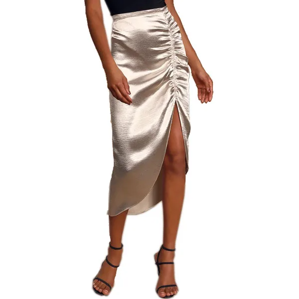 

Wholesale Ladies Shiny Dancer Silver Satin Ruched Midi Skirt, Any color