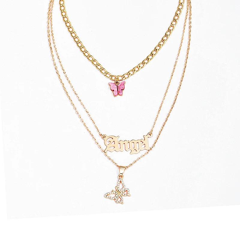 

Charare rose gold butterfly letter angel CZ multilayer necklace accessories