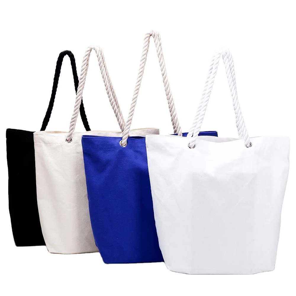 

Promotion recycled custom size 100% 12oz white cotton canvas tote beach bag canvas rope handle, Natural color or customized color