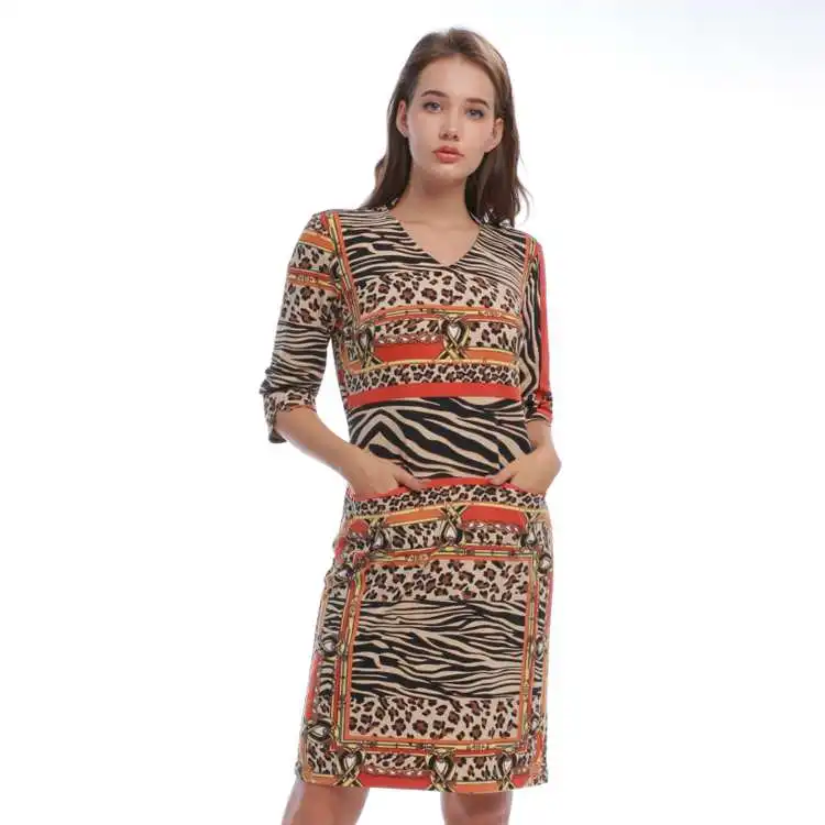

Ladies Women Casual Dresses Leopard And Striped Contrast Block Color Mini Knitted Dress With Pocket