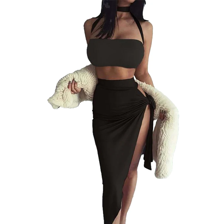 

2 piece set women dress sling solid color tube top long slit skirt