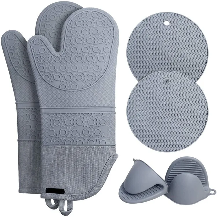 

2021 Amazon Hot Sale Heat Resistant Silicone Oven Mittens with Mini Oven Mitts Hot Pads Potholders for Kitchen Baking Cooking, Grey
