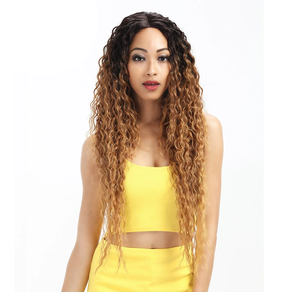 

Hot Selling Ombre Blonde Wig 30 Inch Long Wavy Heat Resistance Synthetic Wigs Lace Front African American Synthetic Hair Wigs, Pic showed