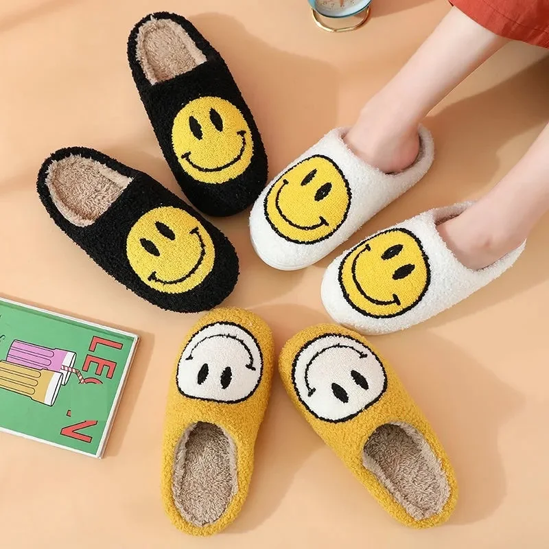 

2021 Winter Indoor Female Shoes Womens Slippers Fluffy Faux Fur Smile Face Household Home Smiley Slippers Shoes for Women