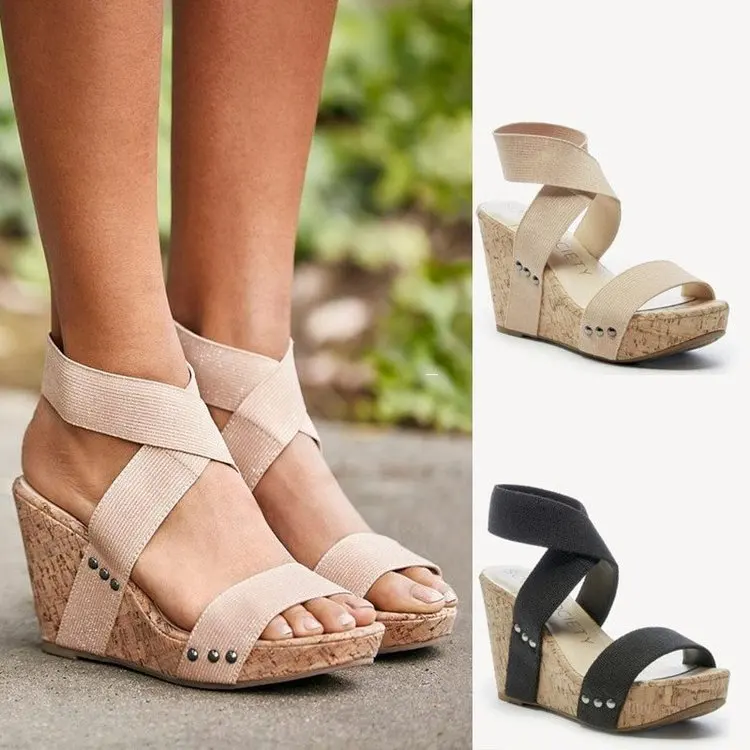 

Women Sandals Summer Shoes Wedges Elastic Band Sandals Women Casual Ladies Platform Sandals Womens Shoes Round Toe, As shown