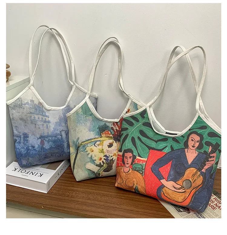 

Custom New Trendy Cotton Canvas Tote Bag Large Capacity Oil Painting Shoulder Handbag, Multi different models