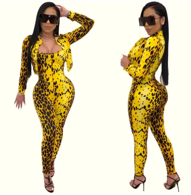 

Women Leopard Print 2 Piece Set Jumpsuit Short Jackets Two Piece set suit for Women, Picture