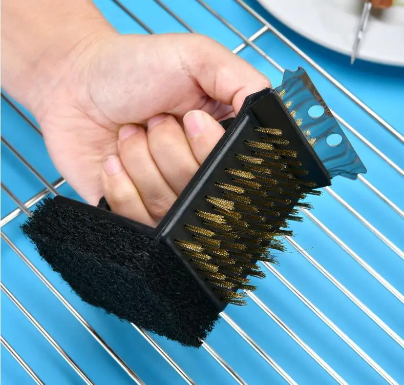 

Barbecue Grill BBQ Brush Clean Tool Copper Wire Brush Non-stick Cleaning Brushes Sponge Shovel 3 in 1 Cook Accessories, As the picture