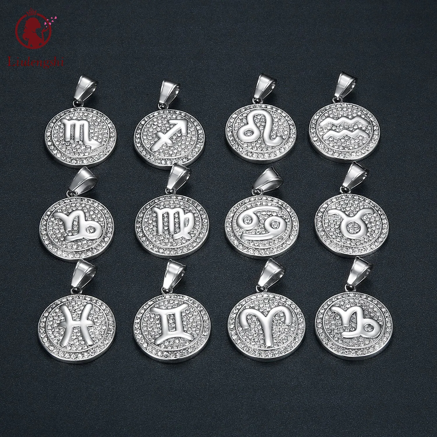 

Hip Hops Stainless Steel Round Zodiac Sign Necklace Full Crystal Rhinestone Cubic Zirconia Horoscope Zodiac Pendant Necklace