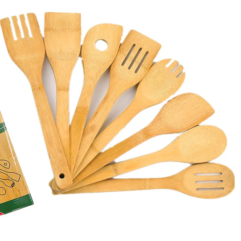 

Factory custom 8 pcs cooking utensil bamboo shovel set kitchenware non-stick pan handmade bamboo shovels, Customized color