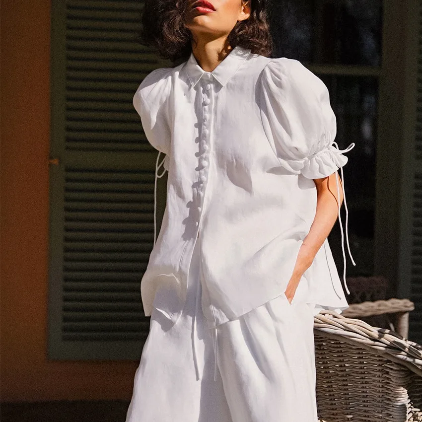 

Woman Blouses And Tops 2021 Summer Blouses Elegant Women Ruffle Puff Short Sleeve Casual White Linen Shirts Ladies' Blouses, White, khaki