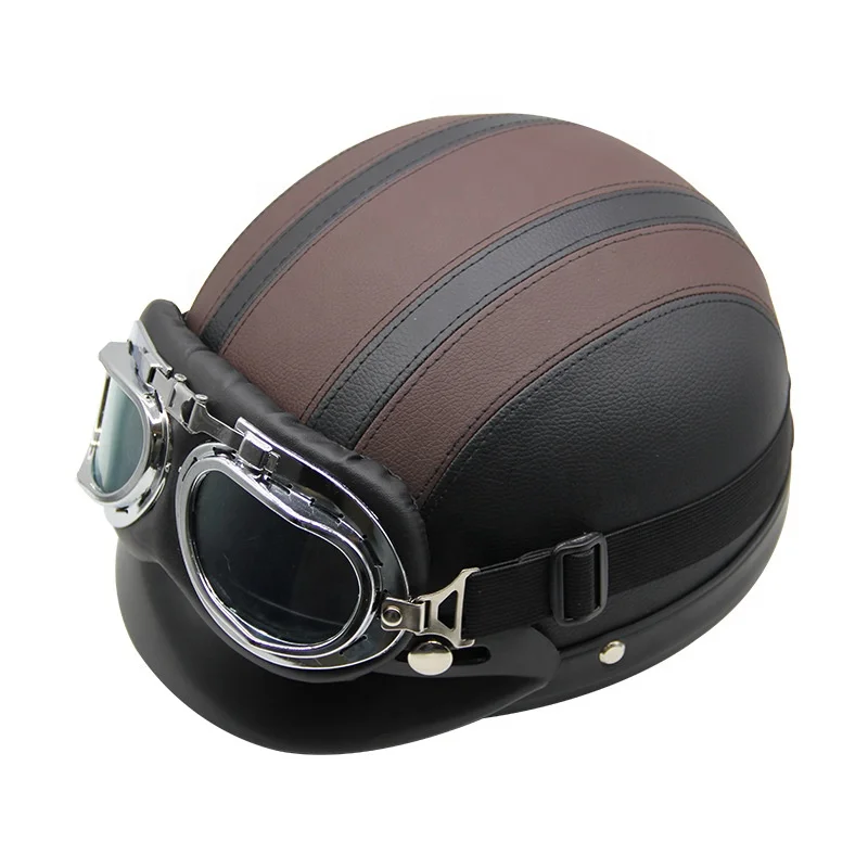 

Vintage Style Leather Helmet with Visor UV Open Face Half Retro Safety Adult Motorcycle Bicycle Helmet, Black+brown