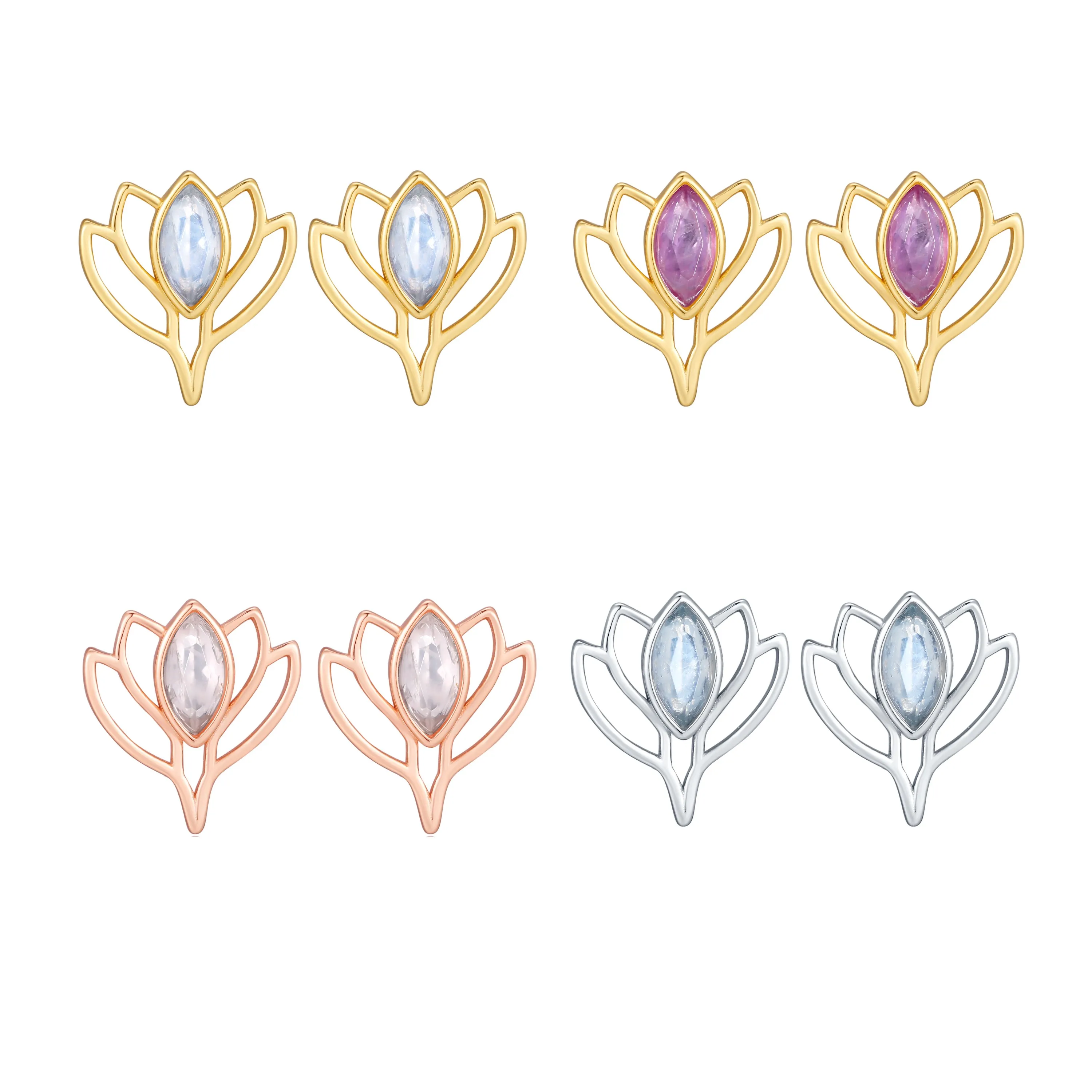 

LM008 Lotus shape Sterling Silver Women Natural Healing Crystal Moonstone Fine Jewelry Earrings