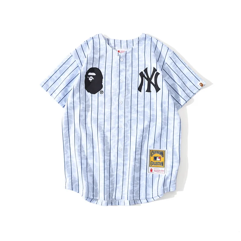 

2021 Ins Trendy Youth Casual T-shirt Ape And NY Joint Striped Breathable Cardigan Baseball Uniform T-shirt, Customized colors