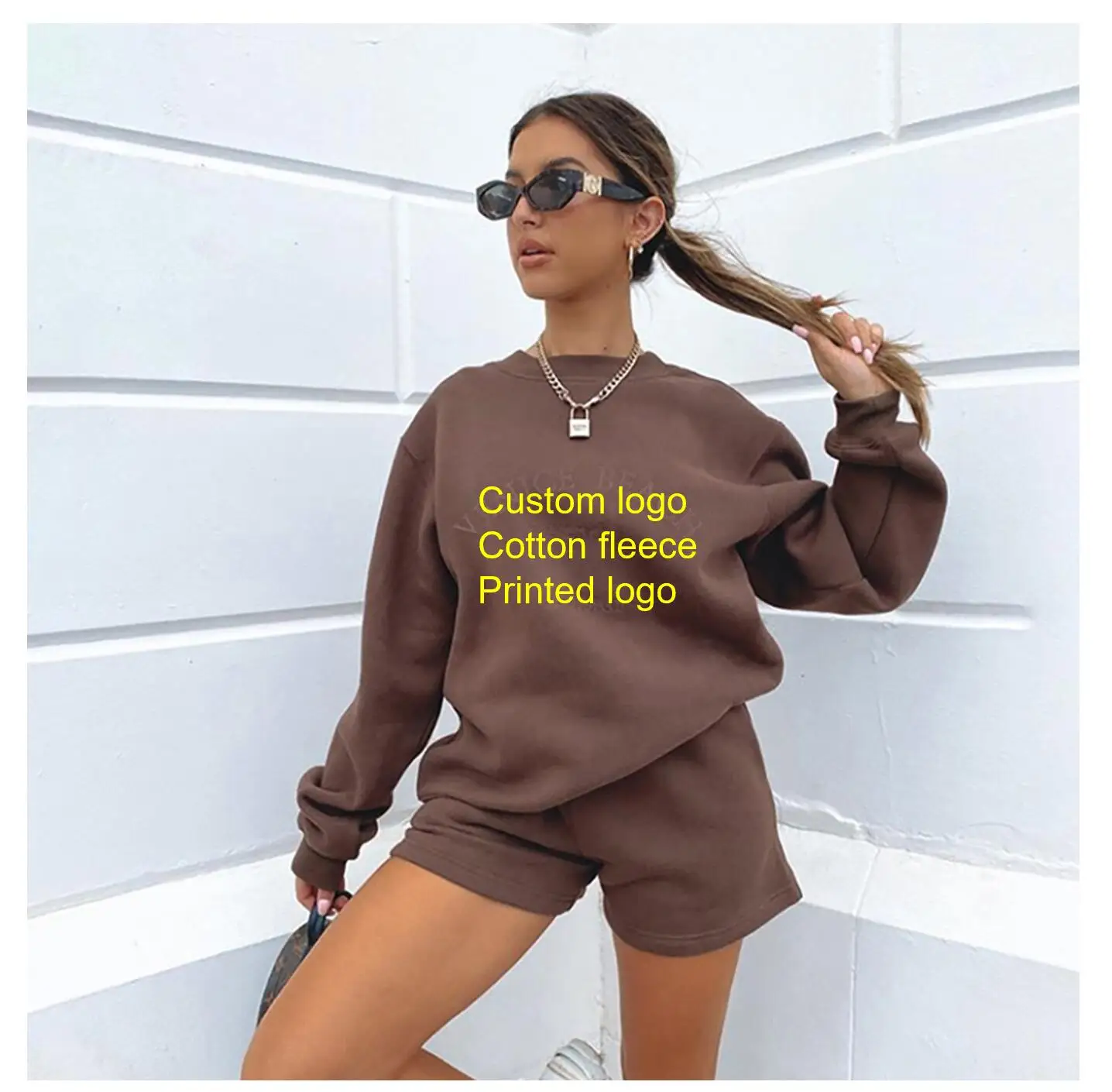 

US SIZE custom logo crewneck sweatshirt two piece sweat short set women clothing 2021