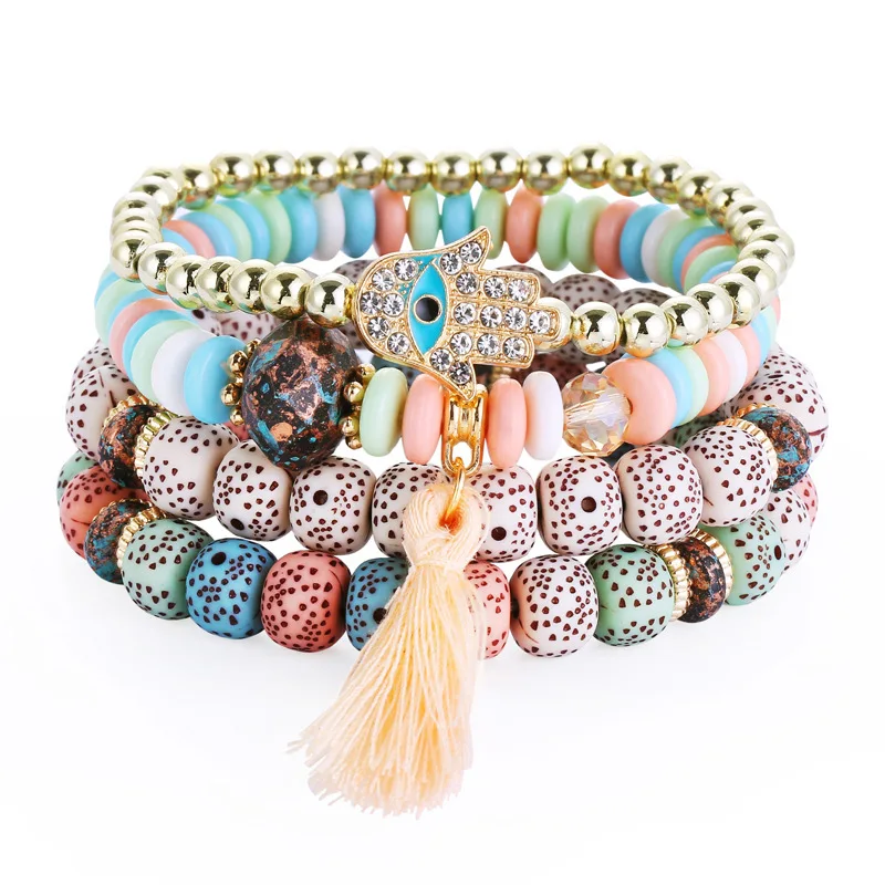 

Vintage Ethnic Multilayer Big Beads Bracelets Boho Statement Elastic Beaded Hand Eyes Bracelet Bangles For Women Summer Jewelry