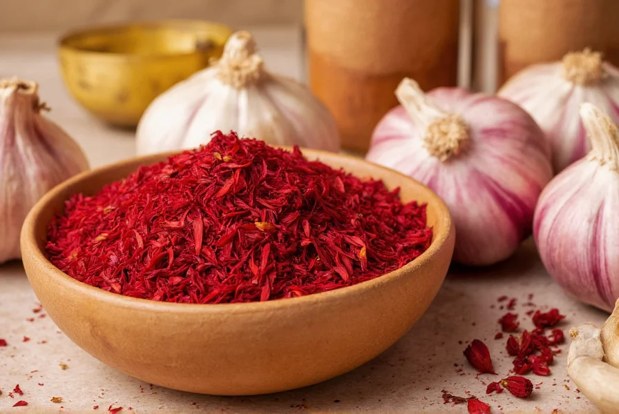 Close-up photograph of saffron threads showing vibrant red stigmas with yellow styles against white background for quality comparison