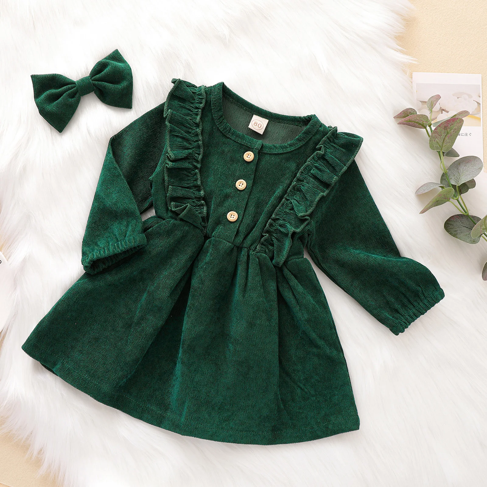 

Toddler Kids Baby Girl Autumn Winter Dress Ruffles Bow Long Sleeve Solid Bow Cotton Skirt Party Casual Dress Clothes Wholsale, Picture shows