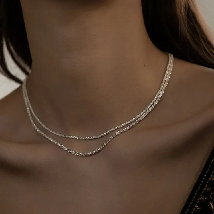 

Popular 925 Sterling Silver Sparkling Clavicle Chain Necklace Simple Water Wave Choker Necklace For Party