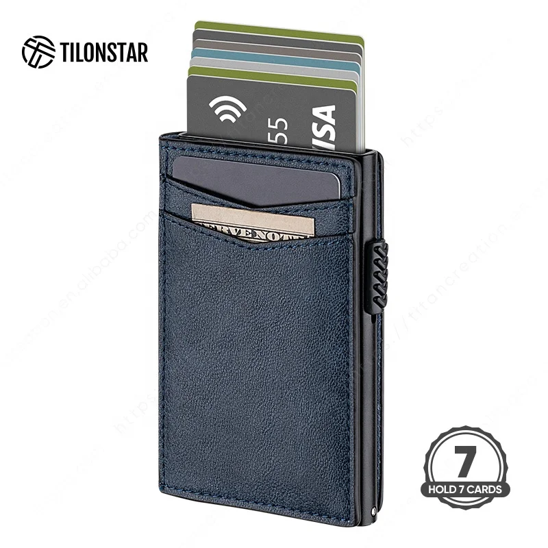 

German Factory Price Genuine Leather Rfid NFC Blocking Protection Brieftasche Aus Aluminium Pop-Up Aluminum Card Case Wallet For Mens