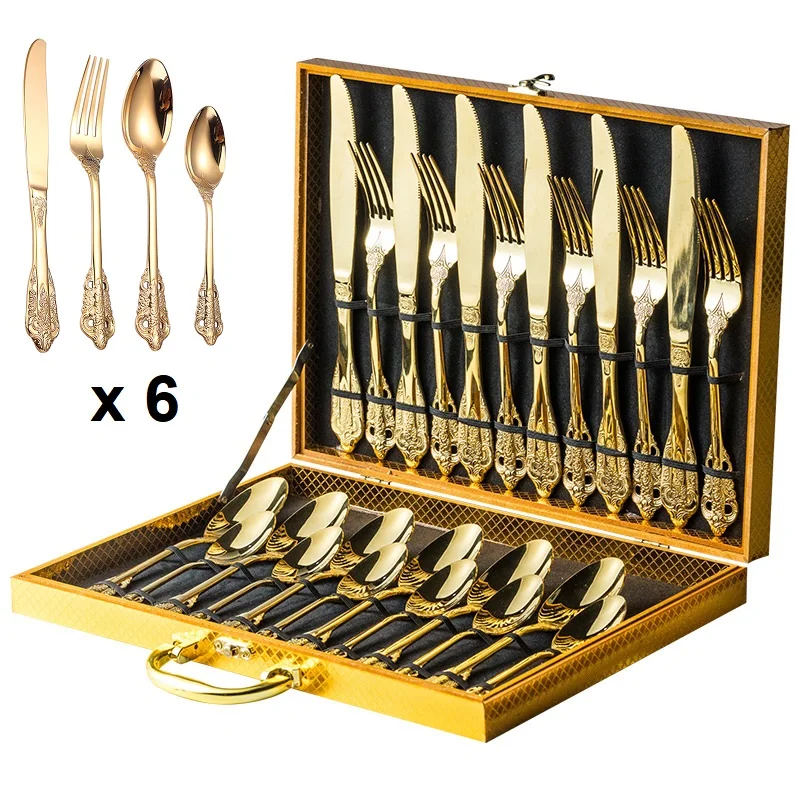 

Vintage Baroque Gold Flatware 24 Spoon Set Embossed 304 Stainless Steel Cutlery Set