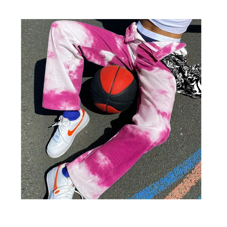 

2021 Women's New Slim Blue Sky White Cloud Casual Street Hip Hop High Waist Straight Tie Dye Pants, Refer to photos or according to your requirements