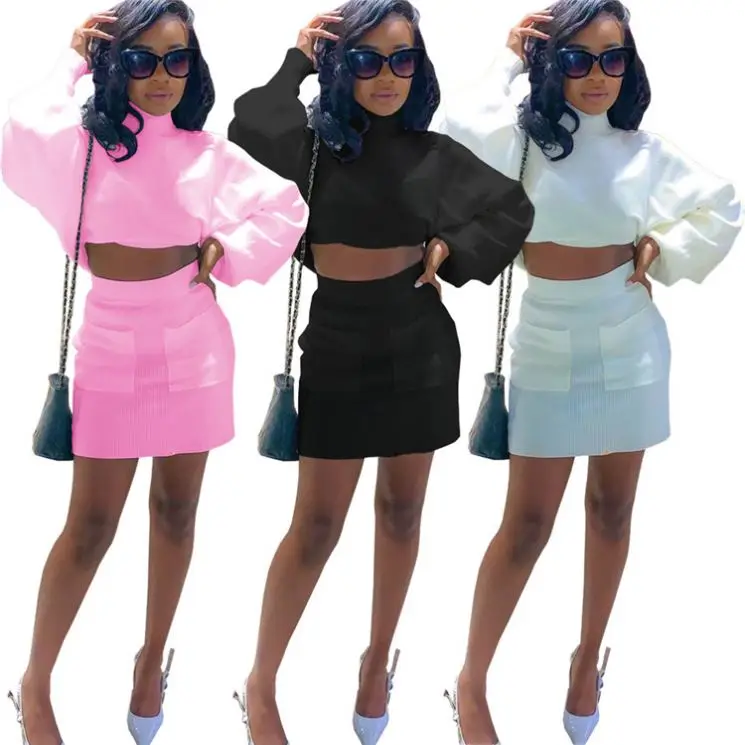 

MD-2021021913 New Arrivals Sexy 2021 Fashion Crop Top Pockets Solid Color Women Two Piece Skirts Set Lady Matching Sets