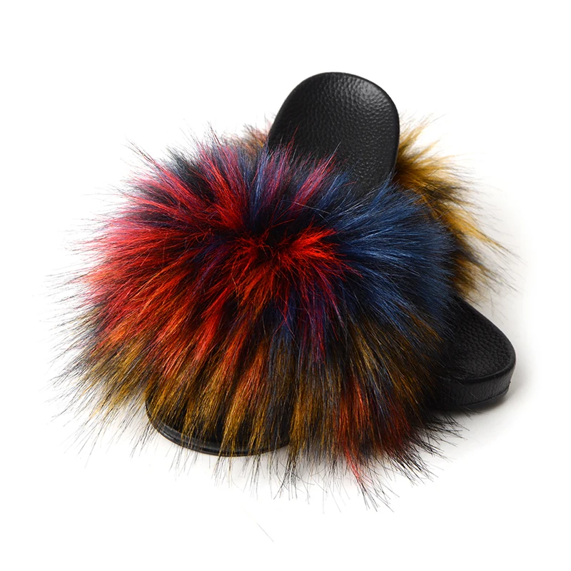 

Beach Summer Custom Logo Furry Women's Faux Fur Slippers, Customized color