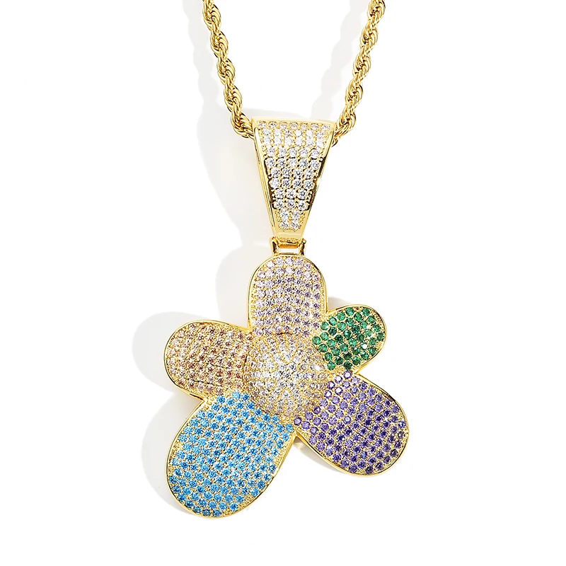 

Gold Silver Color Flower Petals Necklace & Pendant With 4mm Tennis Chain Iced Out Cubic Zircon Bling Men Hip Hop Jewelry Gifts