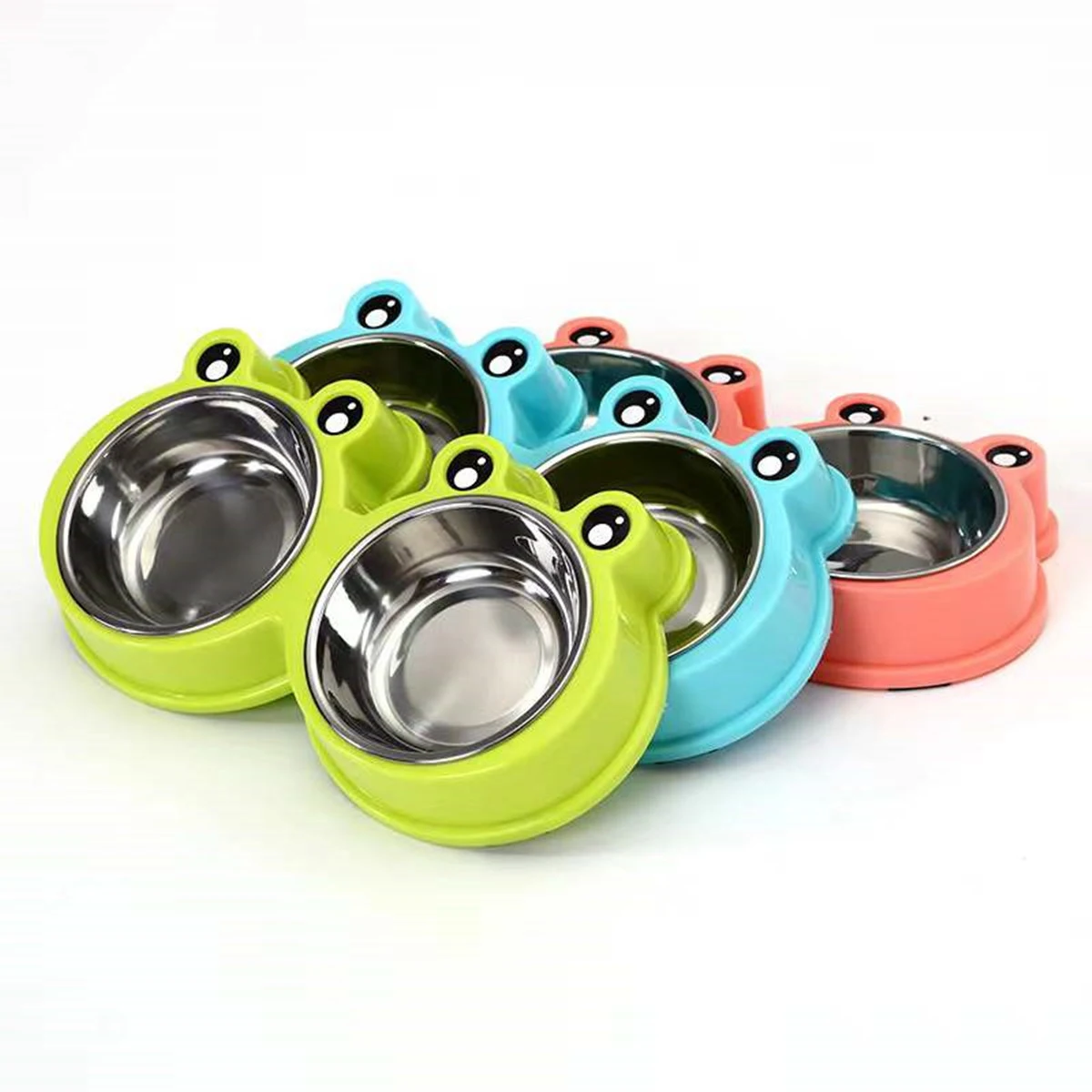 

Cross-border direct supply cat and dog bowl two-in-one cartoon pet double bowl stainless steel frog bowl