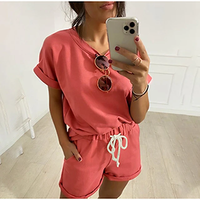 

2021 summer new ladies home wear casual fashion roll-sleeved solid color short-sleeved pants suit