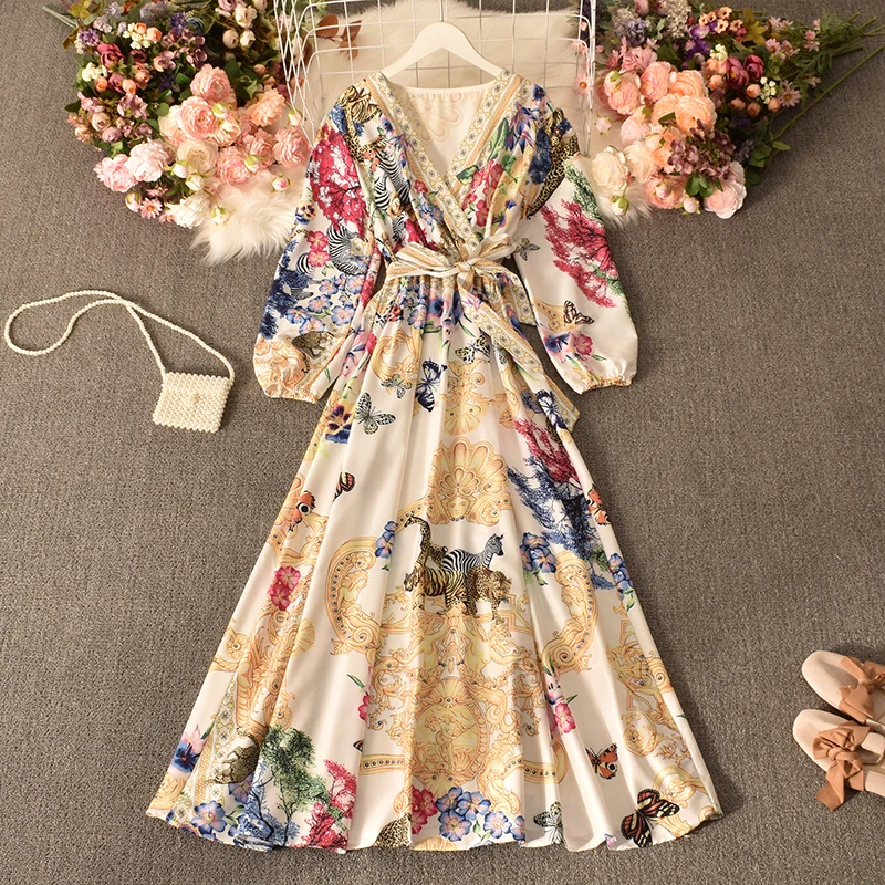 

Court style dress women's 2022 new spring dress retro printed bubble long sleeved dress, Multiple colors